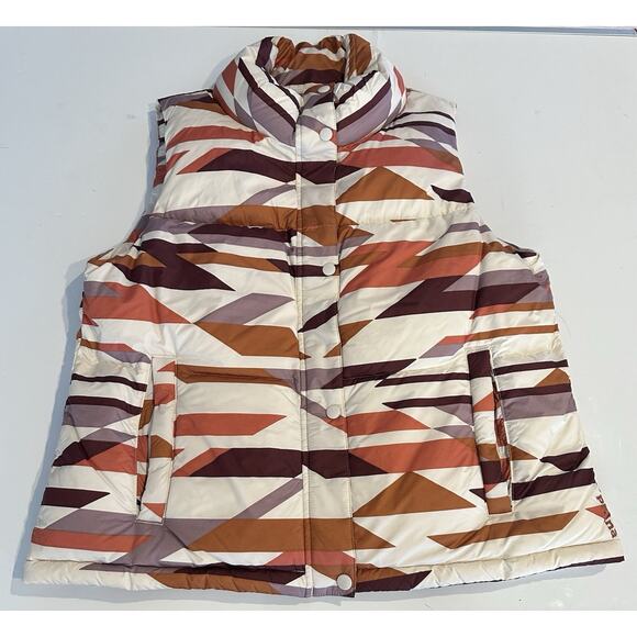 Prana Women’s Med Puffer Vest Hellebore Rose Hip Geo Duck Down Winter Fall Chic - Picture 1 of 9